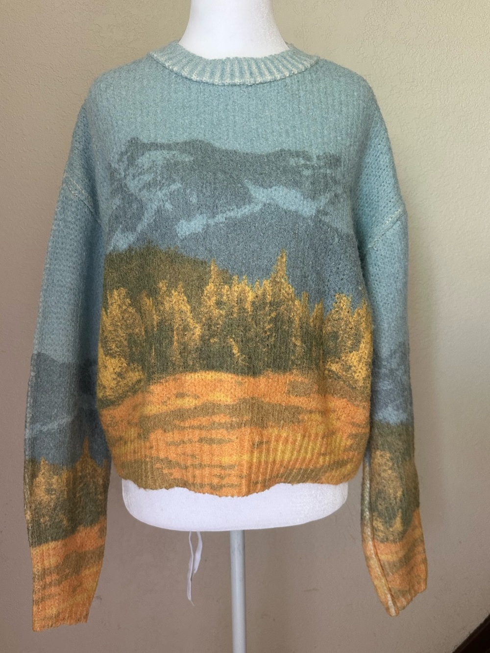 Zara Scenic Crewneck Sweater - Mint Green & Mustard woman size medium